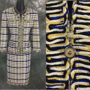 BEAUTIFUL st john collection knit blue yellow multi jacket skirt suit size 8